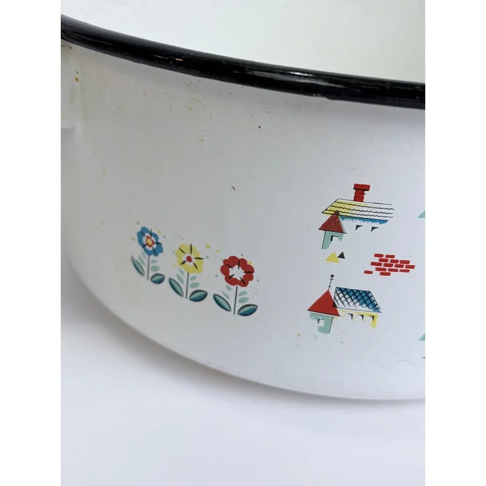 Vintage‎ Berggren Enamelware Stock Pot Scandinavian Folk Art Rooster White 8in